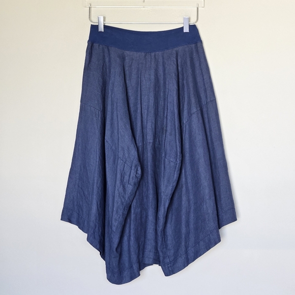 European Culture Linen Lagenlook Pull-on Navy Midi Asymmetrical Boho Skirt Small - Picture 2 of 11